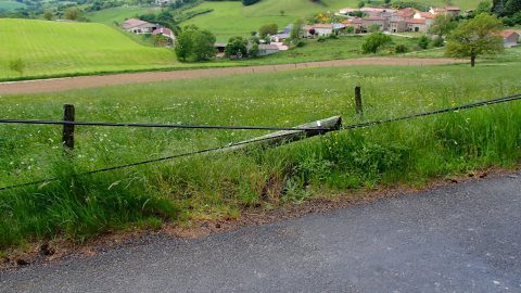 Poteau téléphonique à terre à Champagnat-le-Jeune (63) en mai 2015 - Orange info