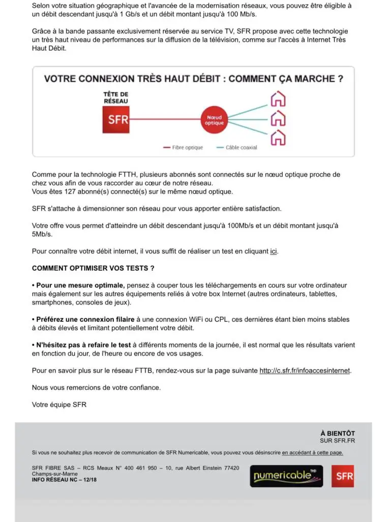 Lettre d'information transmise par SFR concernant la fibre