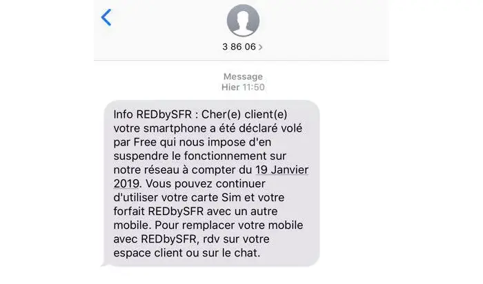SMS RED informant un blacklistage de la part de Free