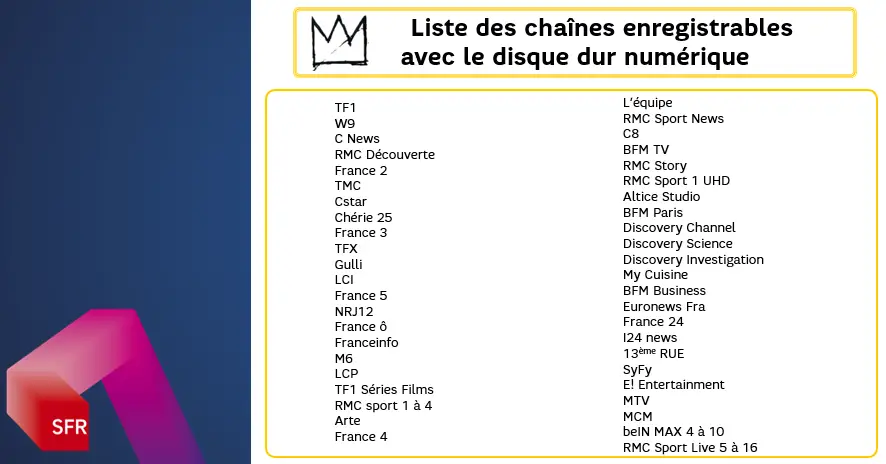 Liste des chaînes enregistrables via le disque dur numérique