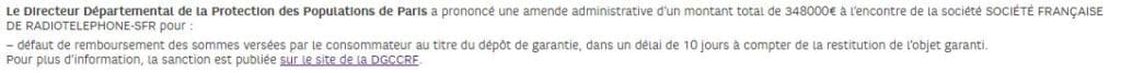 Texte affiché sur le site de SFR suite à l'amende infligée par la DGCCRF