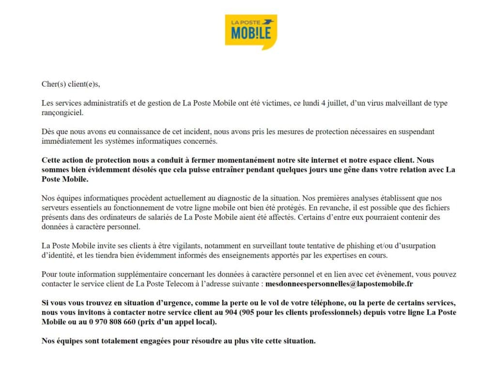 Message s'affichant sur le site de La Poste Mobile