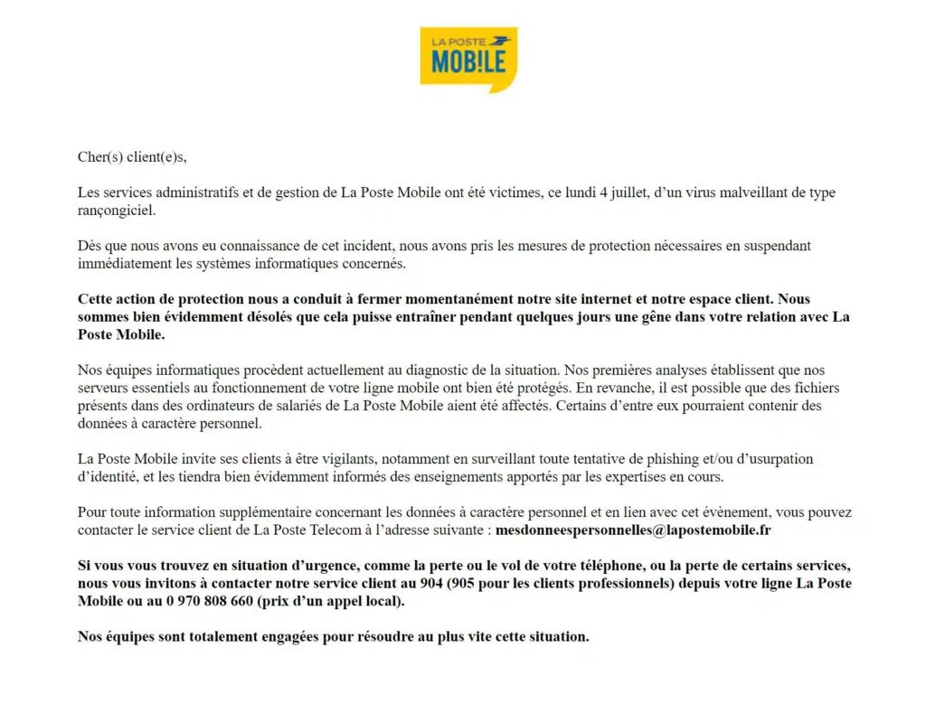 Message s'affichant sur le site de La Poste Mobile