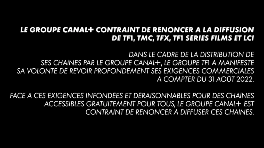 Message d'information CANAL+ sur l'arrêt de la diffusion des chaînes TF1