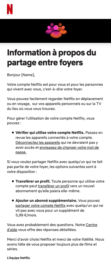 Mail envoyé aux abonnés Netflix qui partagent leur compte