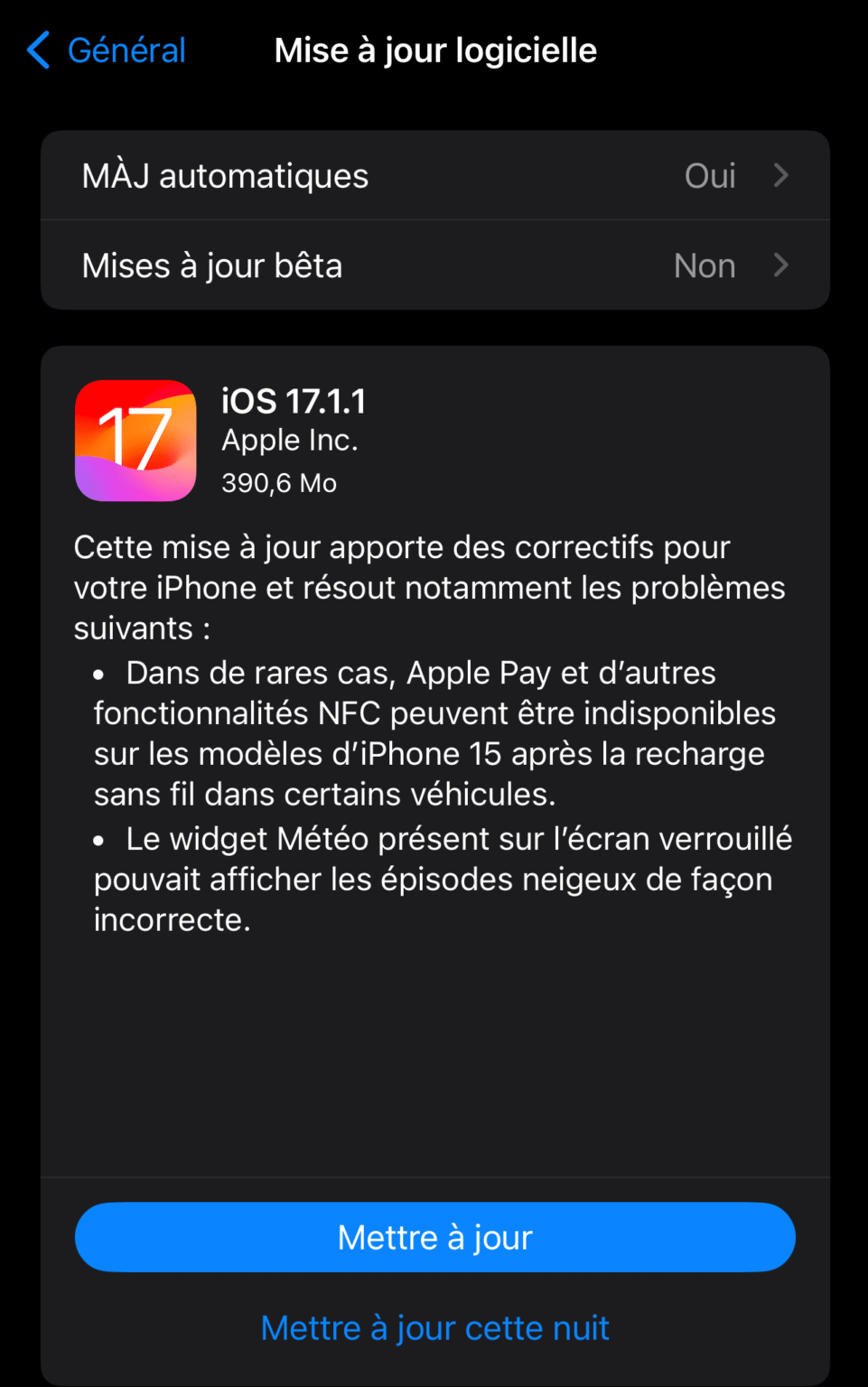 iOS 17.1.1 Apple corrige deux bugs dans sa nouvelle mise à jour alloforfait.fr