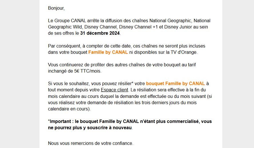 Le mail envoyé aux abonnés Famille by CANAL