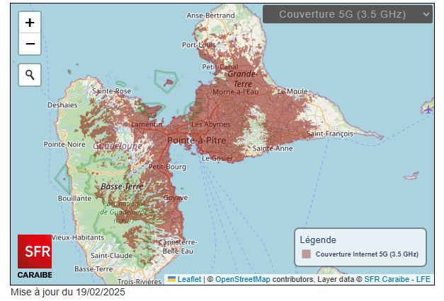 La couverture en 5G SFR en Guadeloupe