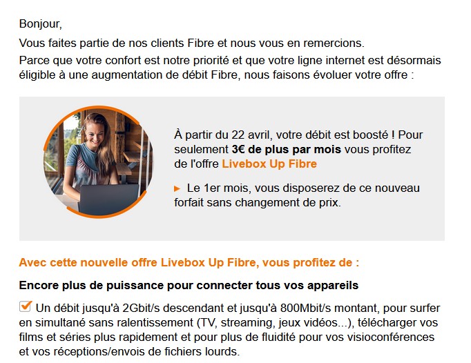 Mail d'Orange pour l'augmentation du tarif Livebox Play