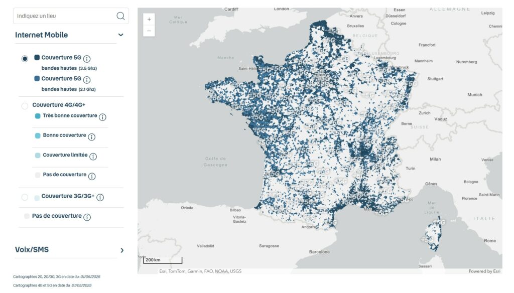 La carte de la couverture 5G de Bouygues Telecom