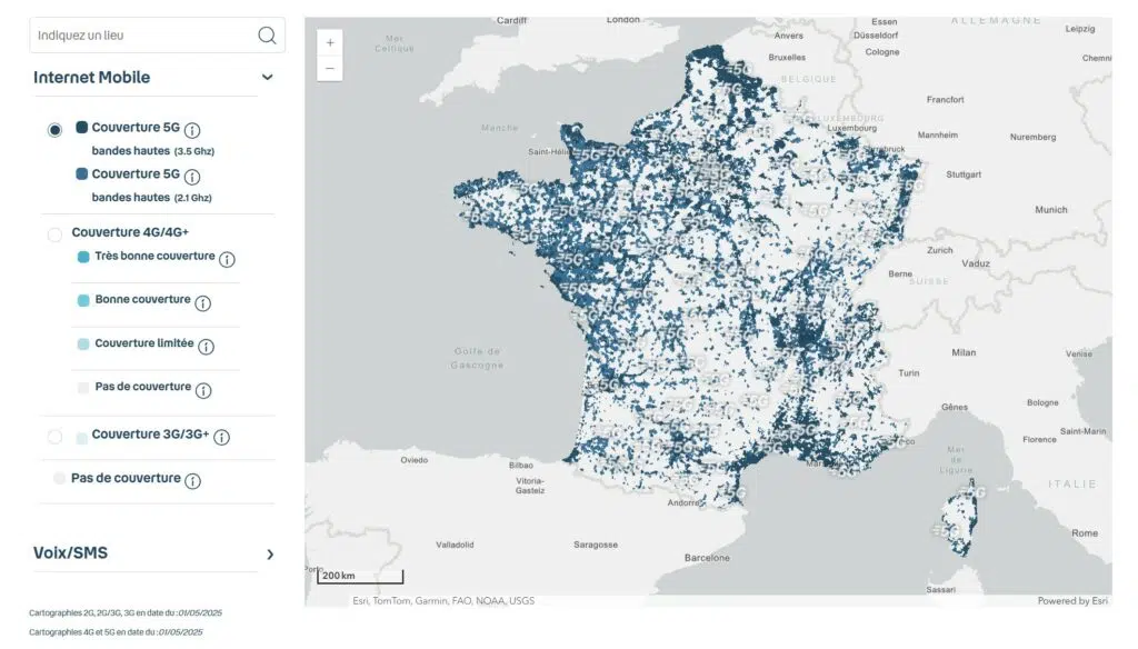 La carte de la couverture 5G de Bouygues Telecom