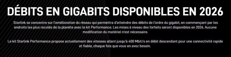 Message de Starlink indiquant des débits de 1 Gb/s en 2026