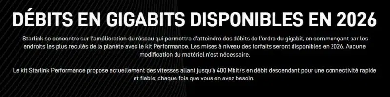 Message de Starlink indiquant des débits de 1 Gb/s en 2026