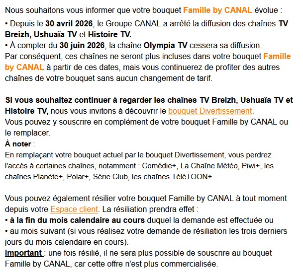 Extrait du mail envoyé aux abonnés Orange pour la fin d'Olympia TV