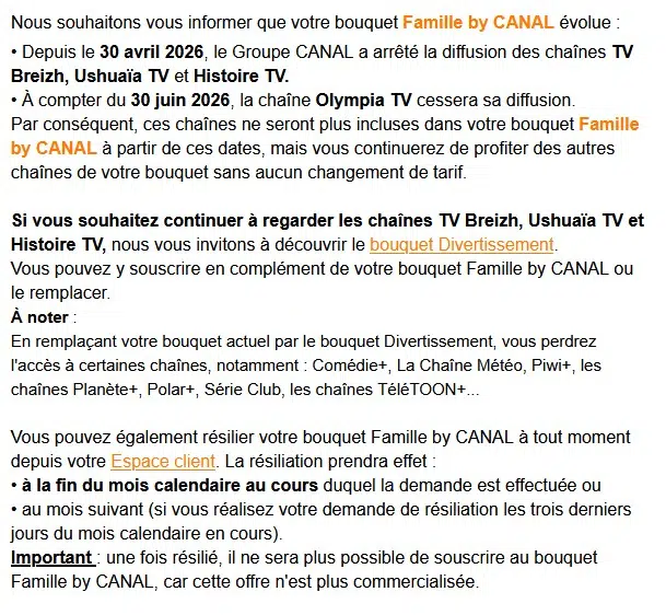 Extrait du mail envoyé aux abonnés Orange pour la fin d'Olympia TV
