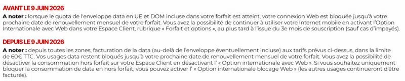 Changements tarification étranger