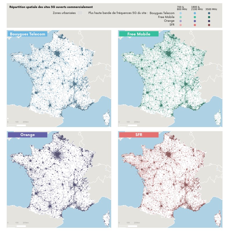 Cartes de la couverture 5G des différents opérateurs