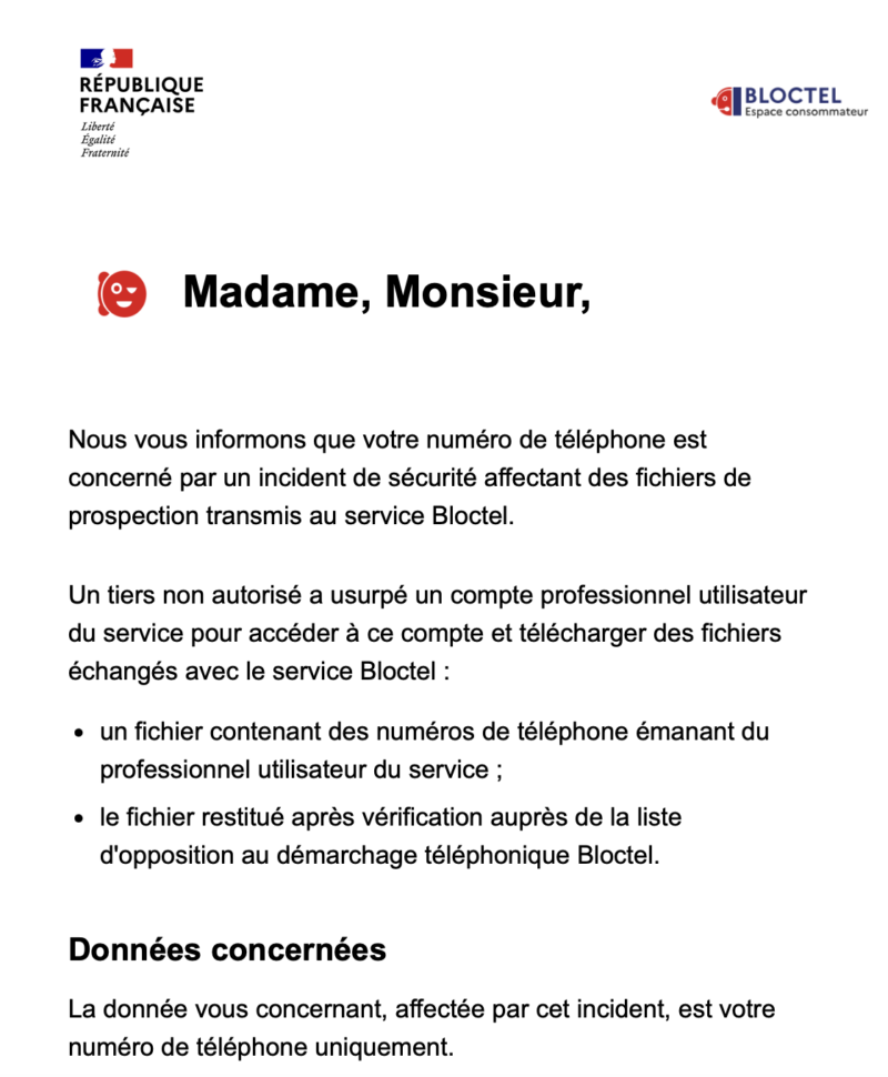 Confirmation bloctel incident