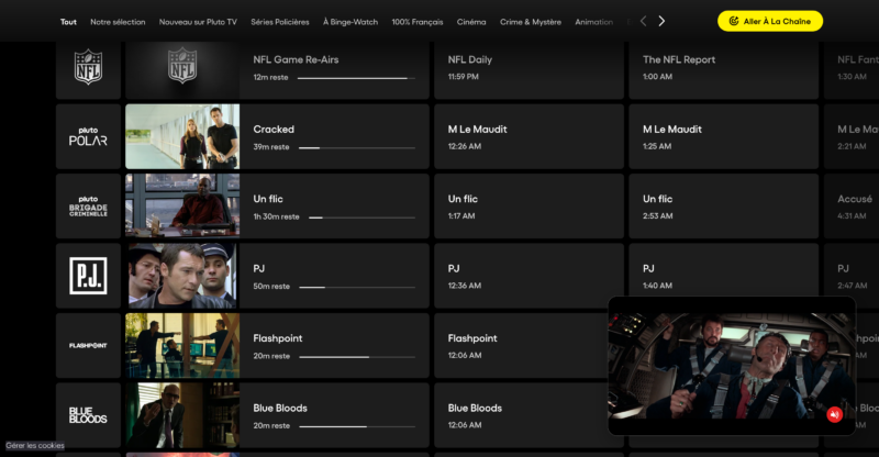 La grille des chaînes Pluto TV