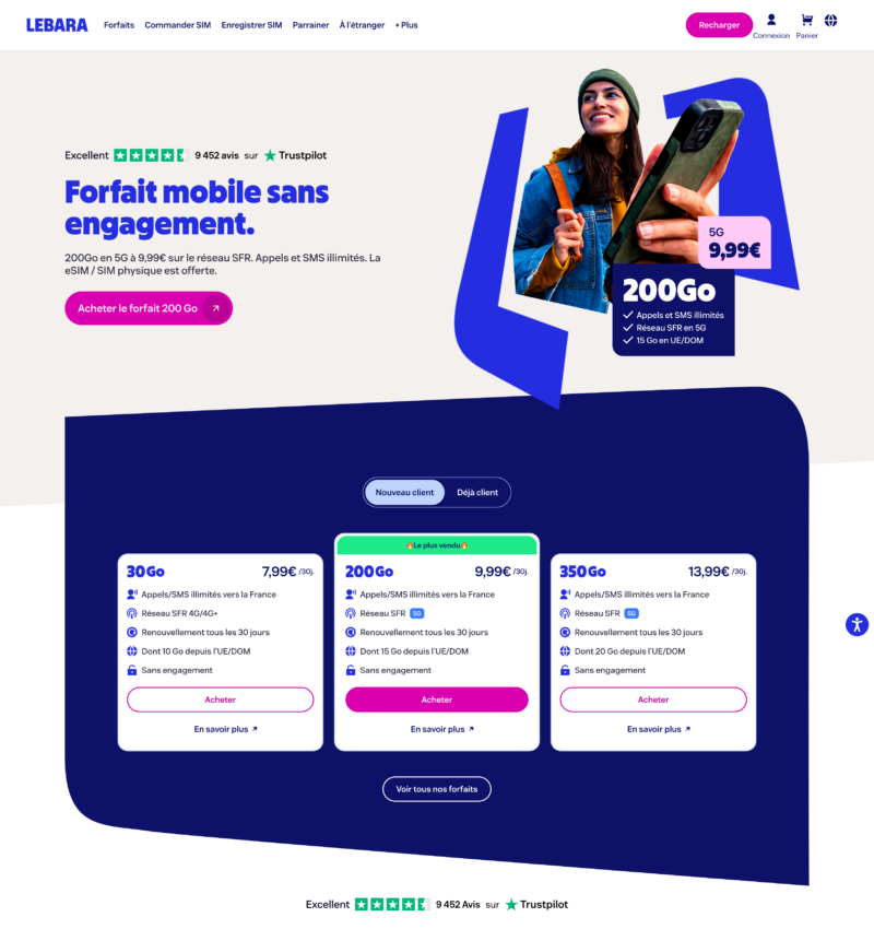 Aperçu de la nouvelle page d'accueil de Lebara